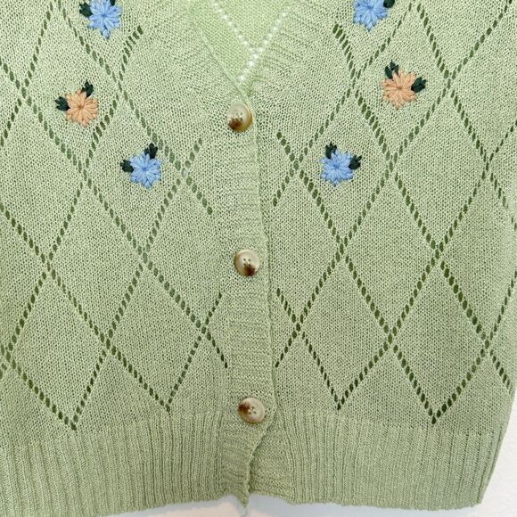 Hers Denim Sweater Womens Small Short Sleeve Knit Cropped Floral Cardigan Top - Picture 2 of 6